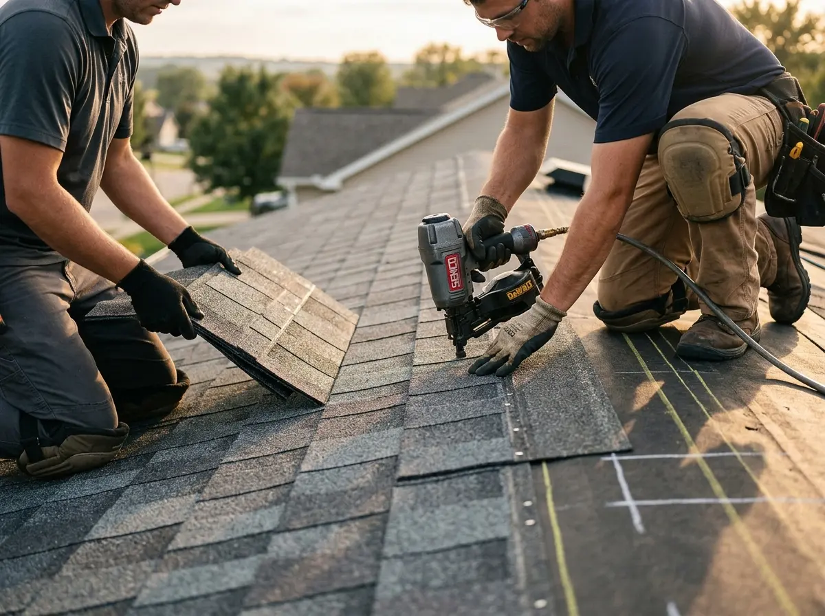 Professional roofer working on a residential roof in Brownstown
